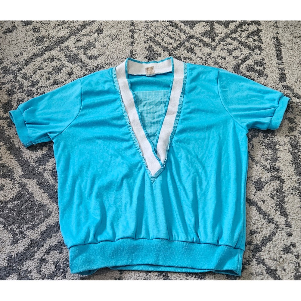 Vintage 80s Turquoise Blue V-Neck Short Sleeve Banded Hem Top Retro Pullover